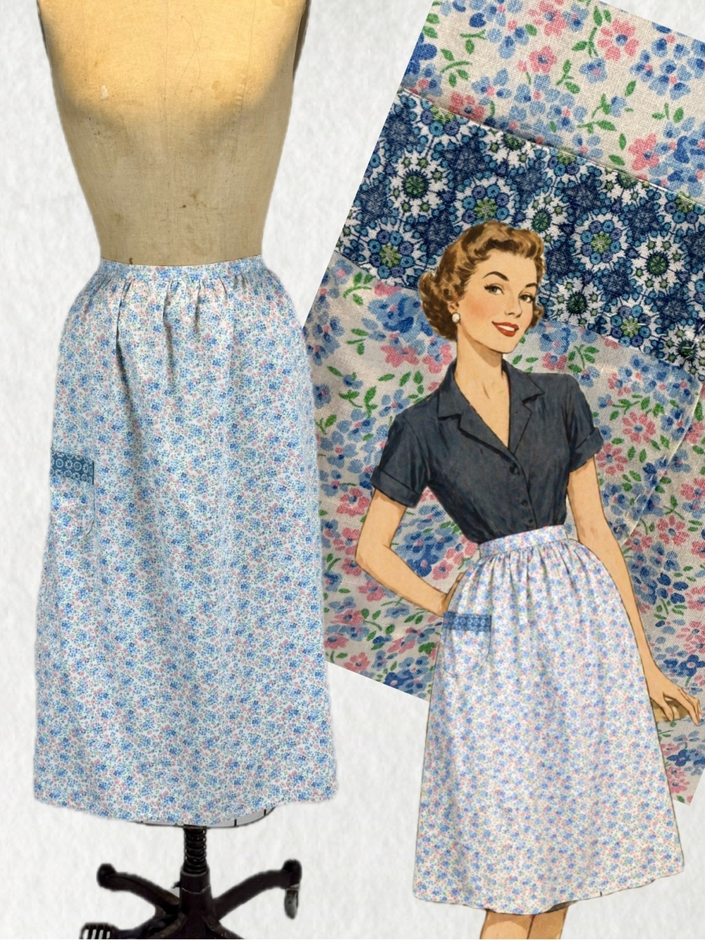 VINTAGE MCM calico ditsy floral long maxi skirt apron tie back‎ kitchen cottage